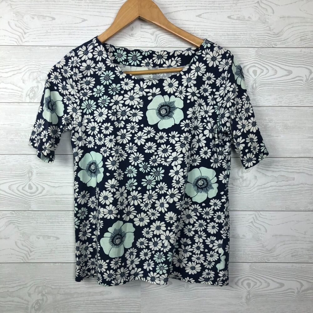 Talbot's Women's XS Floral Print Short Sleeve Tee Scalloped Neck 100% Cotton